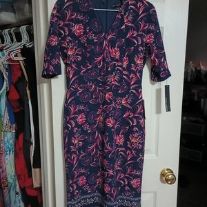 Maggy London Navy Sheath Dress with Pink Floral Print